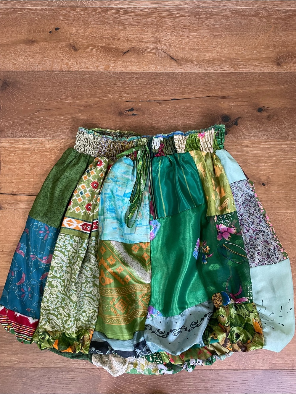 Patchwork Silk Reclaimed Saris Bubble Skirt in Green, Blue, Pink, Gold Sz L-XL